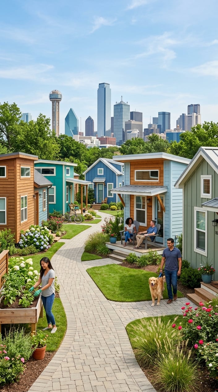 Best Tiny Home Communities In Dallas Near The City 1 A sunny tiny home community in Dallas with modern small houses, green lawns, people enjoying outdoor activities, and the city skyline in the background.