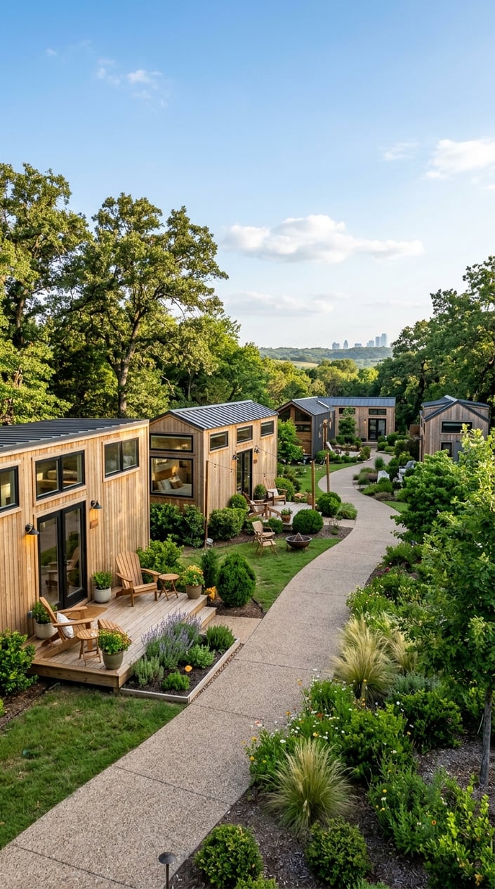 Best Tiny Home Communities In Dallas Near The City 2 A peaceful tiny home community with several small modern houses surrounded by trees and greenery under a clear blue sky.