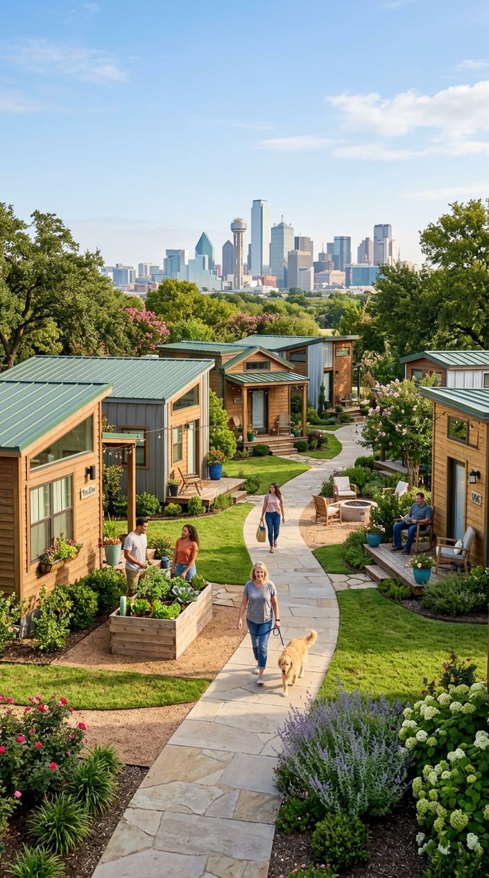 Best Tiny Home Communities In Dallas Near The City 3 A tiny home community with several small houses, green lawns, people outdoors, and the Dallas city skyline in the background.
