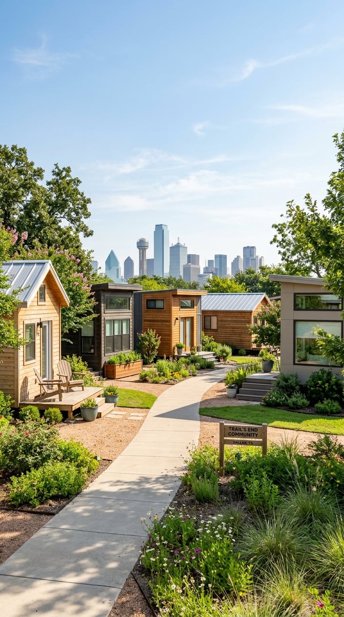 Best Tiny Home Communities In Dallas Near The City 4 A sunny tiny home community with modern small houses, green landscaping, and the Dallas city skyline in the background.