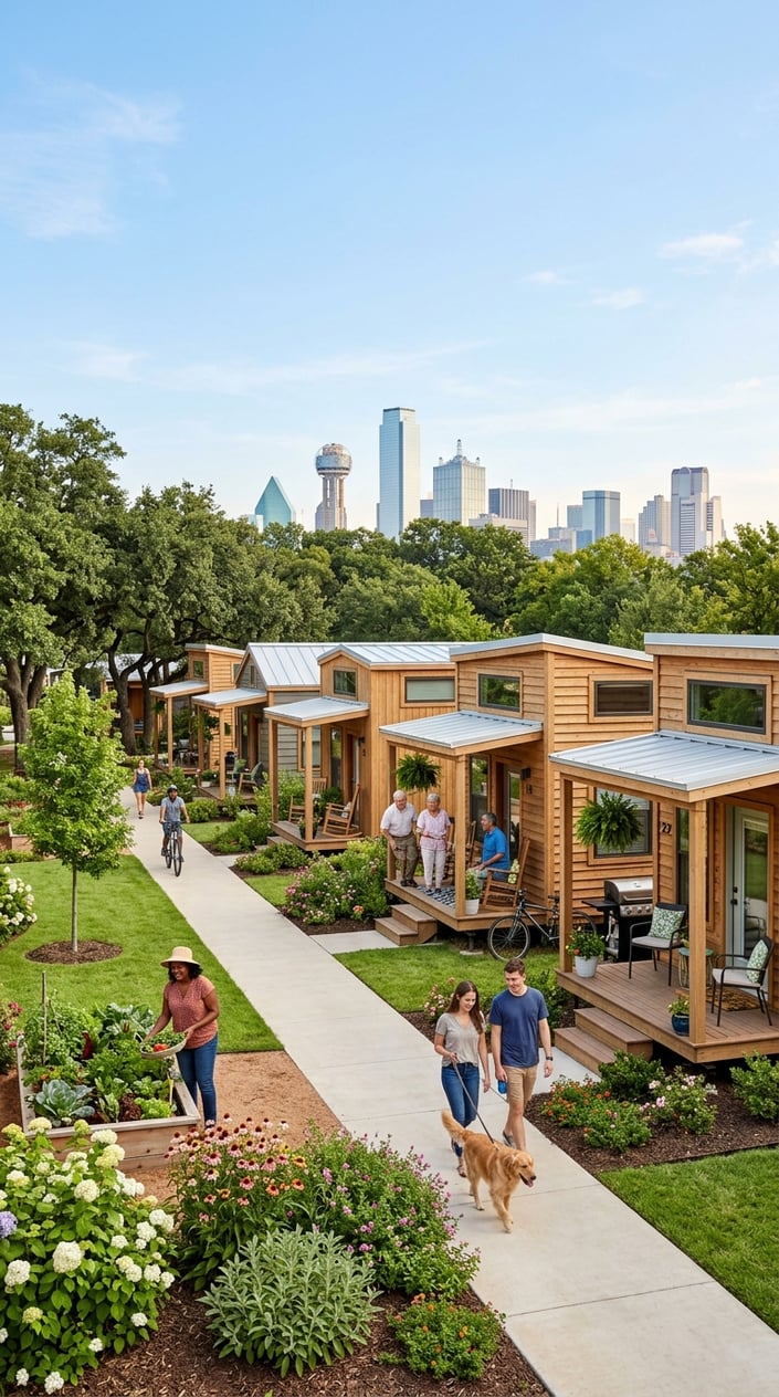 Best Tiny Home Communities In Dallas Near The City 5 A peaceful tiny home community with modern small houses, green lawns, trees, and people walking and enjoying the outdoors.