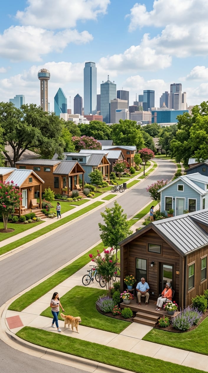 Best Tiny Home Communities In Dallas Near The City 6 A tiny home community with small houses, green lawns, people outdoors, and the Dallas city skyline in the background.