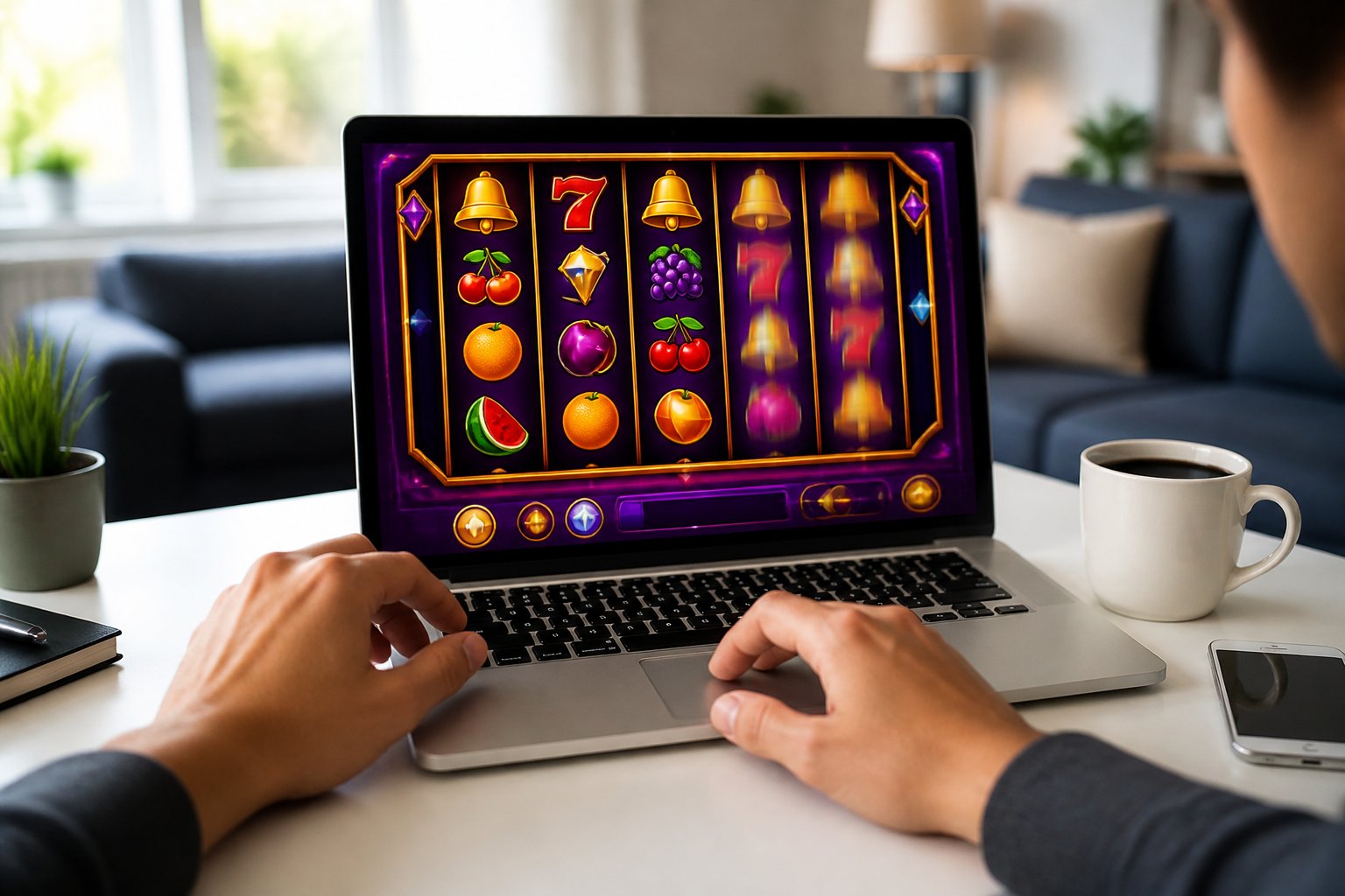 A person playing an online slot machine game on a laptop in a modern home setting.