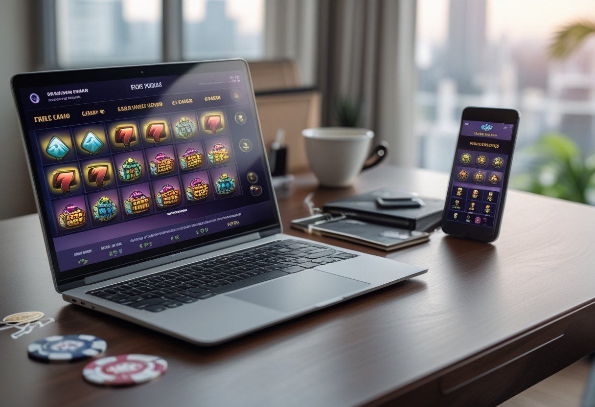 A laptop and smartphone on a desk displaying online casino games, with poker chips, playing cards, and a coffee cup nearby in a bright home office.