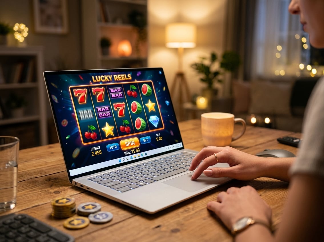 A person playing a colorful online slot machine game on a computer with digital coins nearby.
