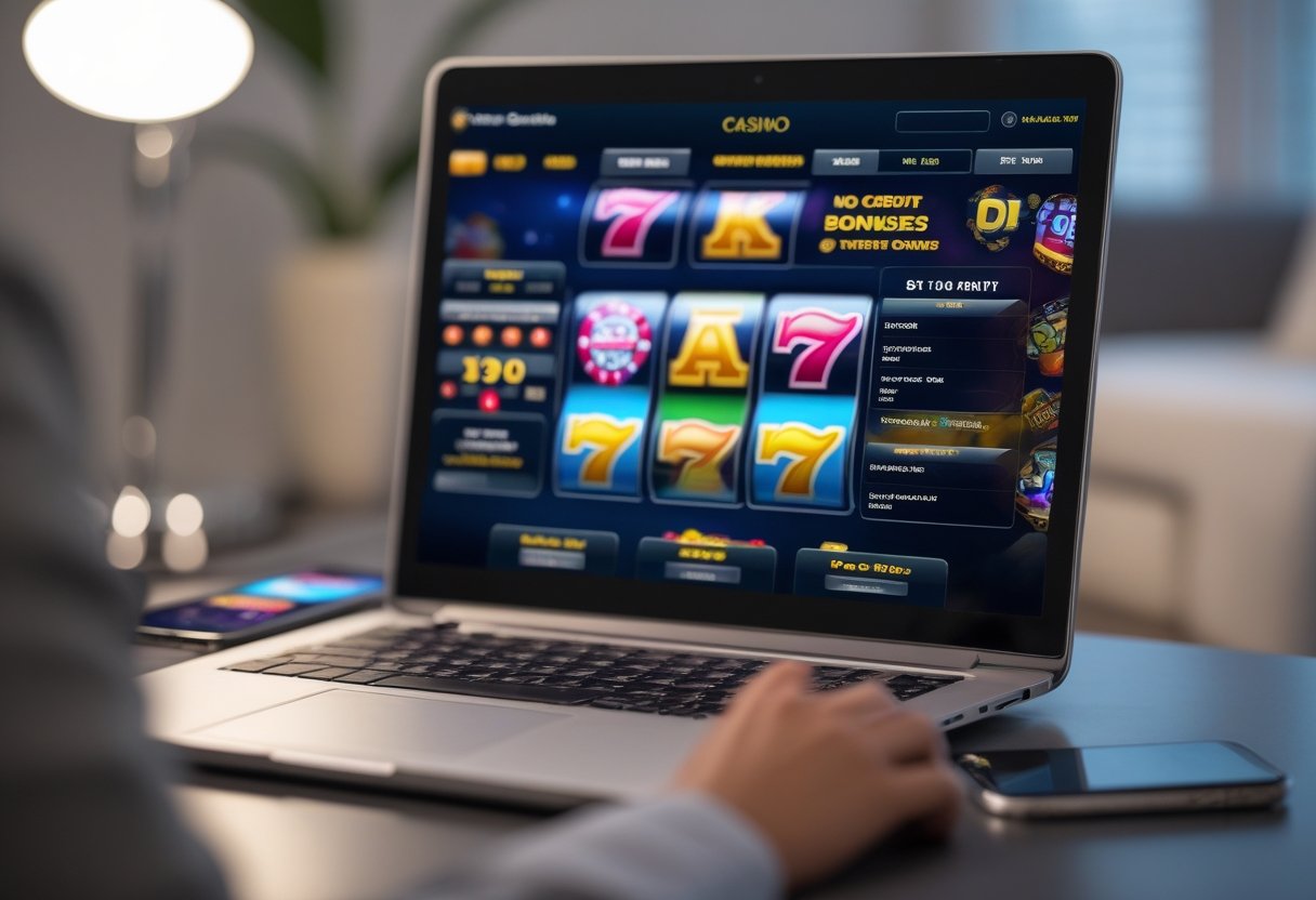 A laptop and smartphone on a desk displaying online casino game graphics and notifications in a modern workspace.