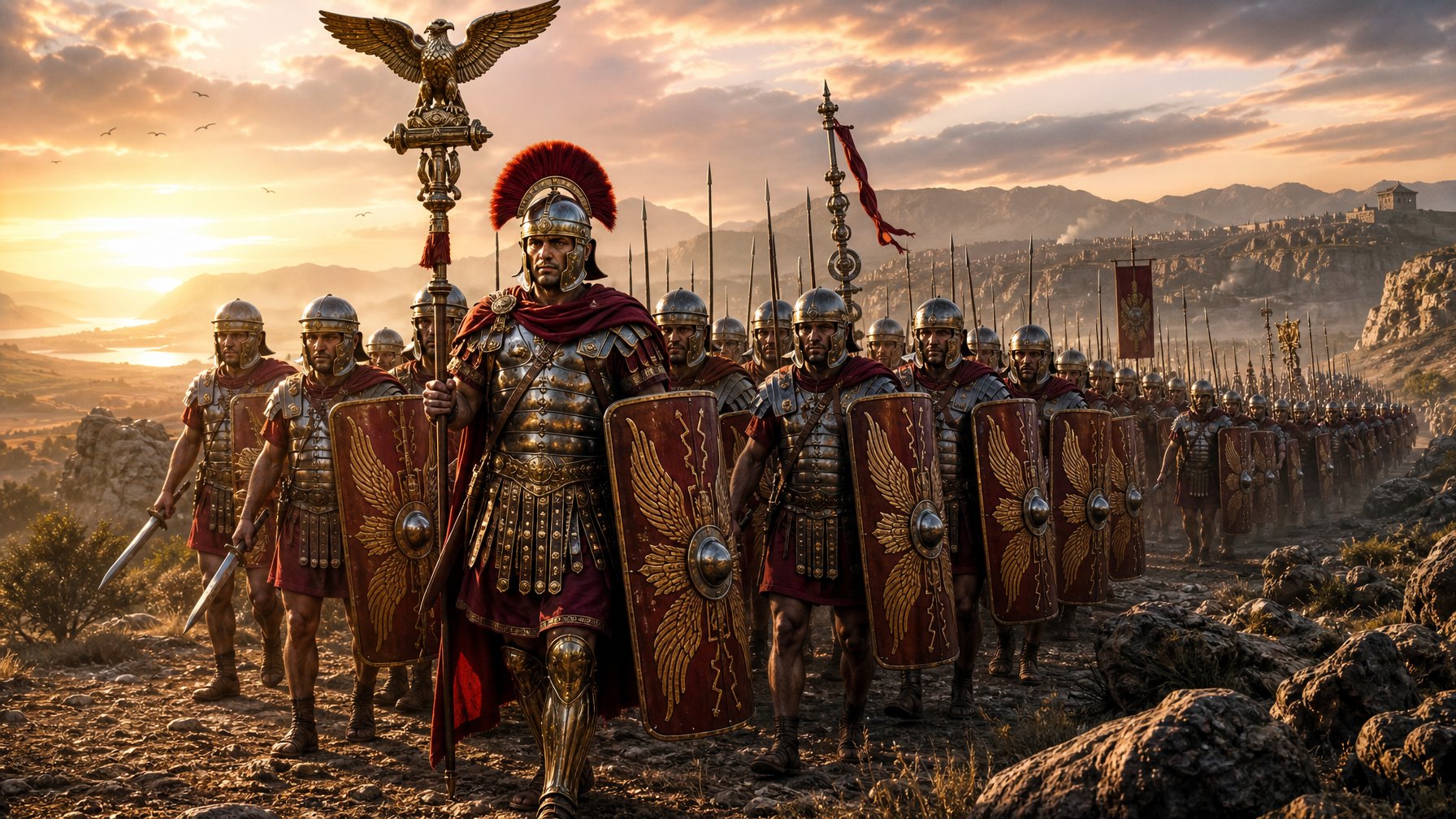A Legion Of Roman Soldiers Marching In Formation Across A Rocky Battlefield At Sunrise, Led By A Centurion Holding A Standard.