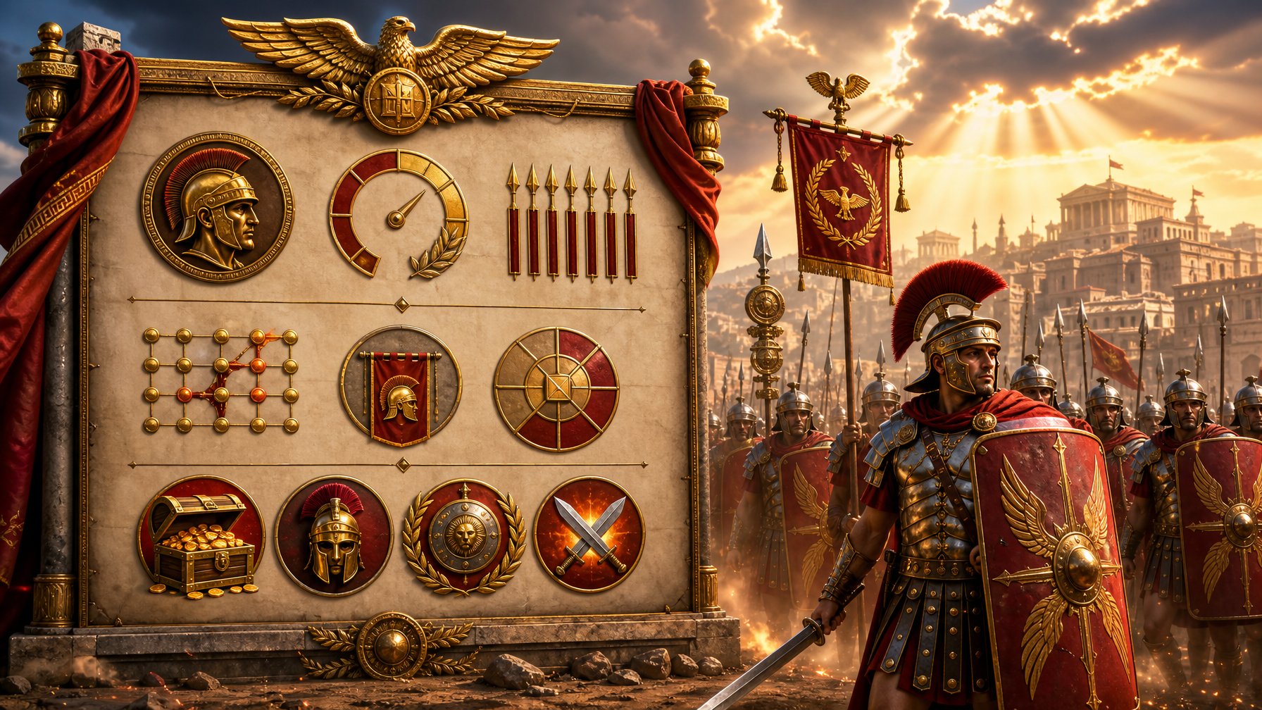 Roman Legionnaires Marching In Formation On A Battlefield With A Large Ornate Scoreboard Showing Key Numbers And Statistics.