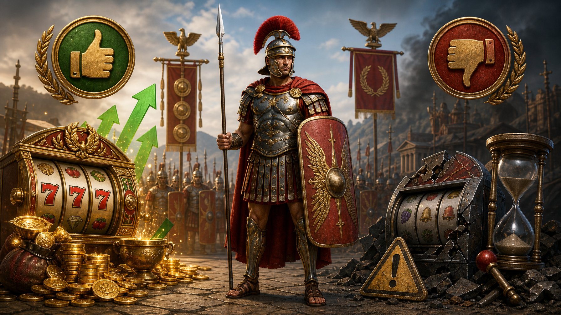 A Roman Legionnaire Stands Between Symbols Representing Advantages And Disadvantages Of A Slot Game, With An Ancient Battlefield In The Background.