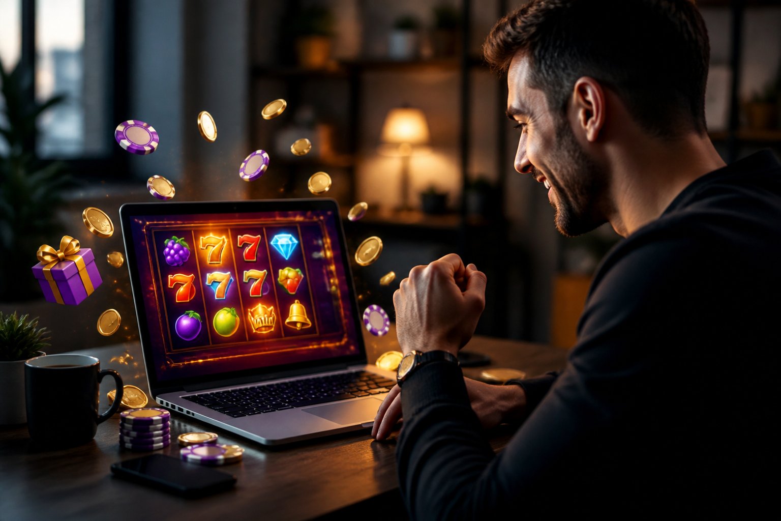 A person using a laptop showing a colorful slot machine game with digital coins and chips on a desk.