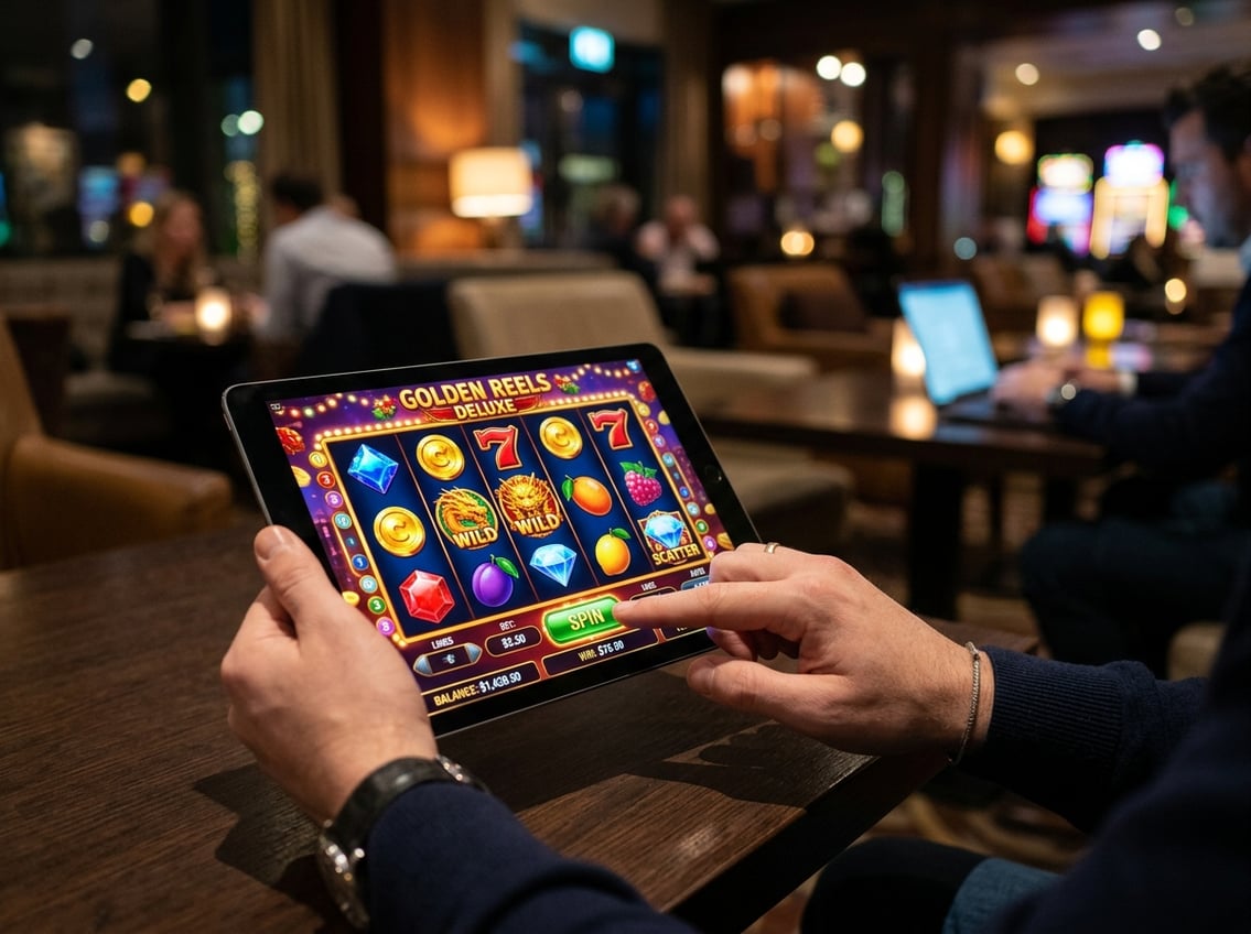 A person playing an online slot game on a tablet showing colorful spinning reels with casino symbols.