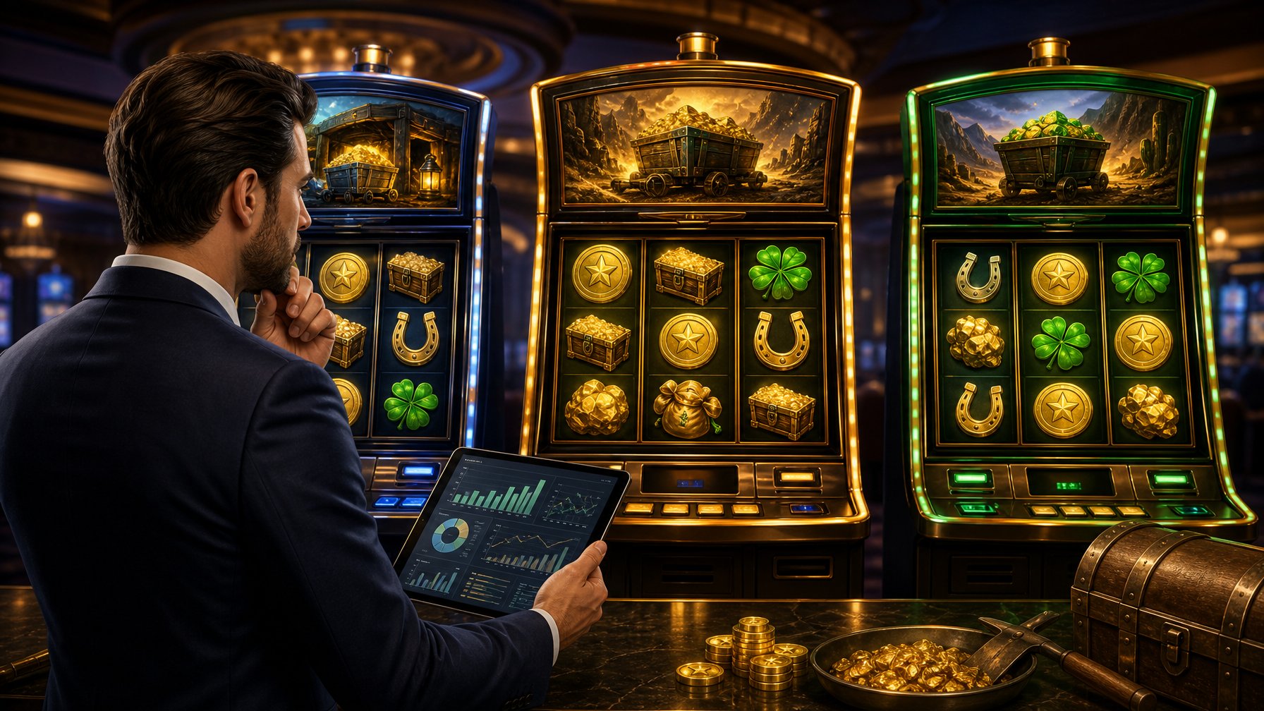 Three Slot Machines With Gold Coins And Lucky Symbols In A Casino Setting, With A Person In Business Attire Examining Them Using A Tablet.