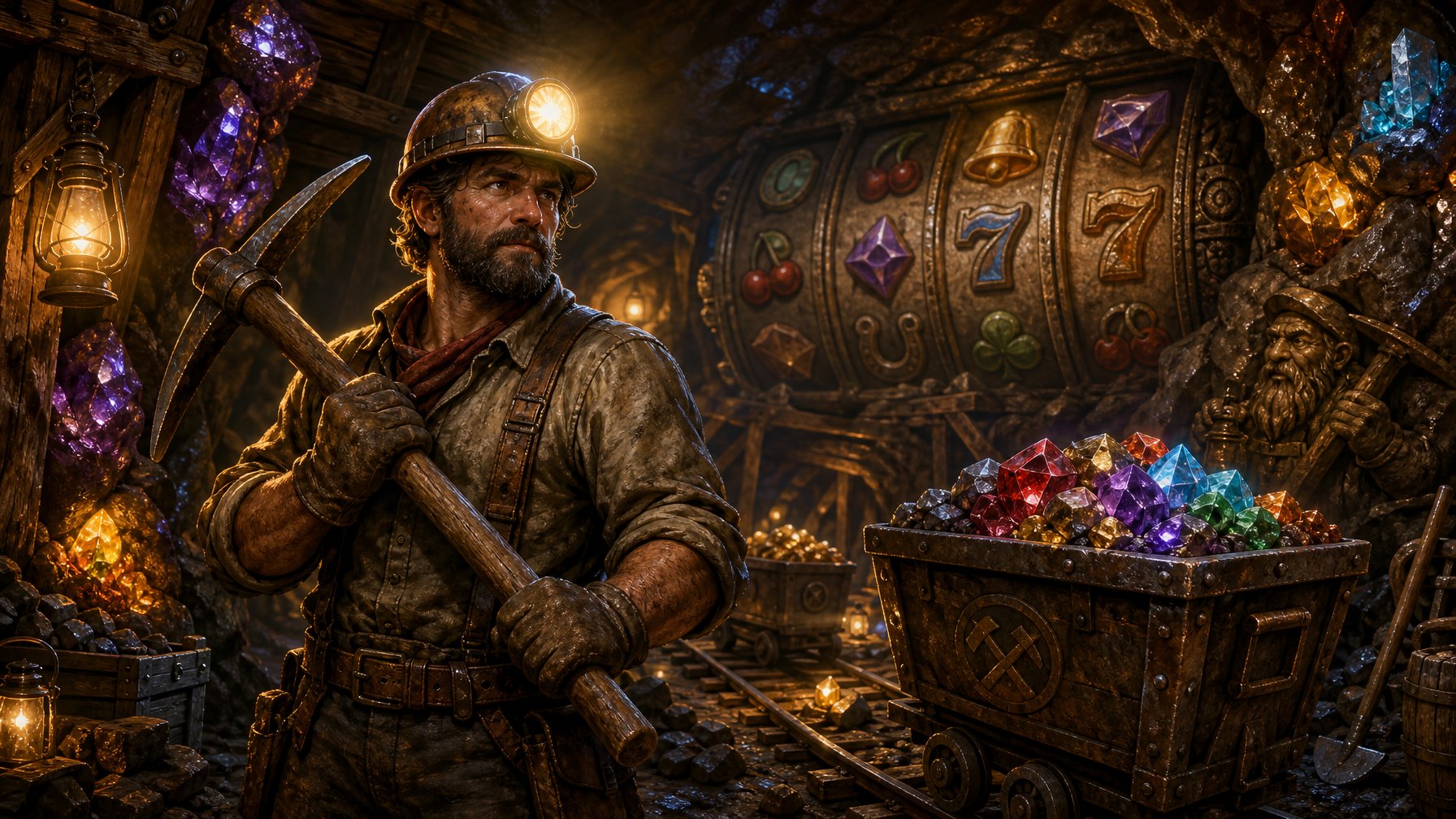 A Miner With A Headlamp Stands In A Dimly Lit Underground Tunnel Surrounded By Glowing Gems, Mining Tools, And Carts Filled With Colorful Ores.