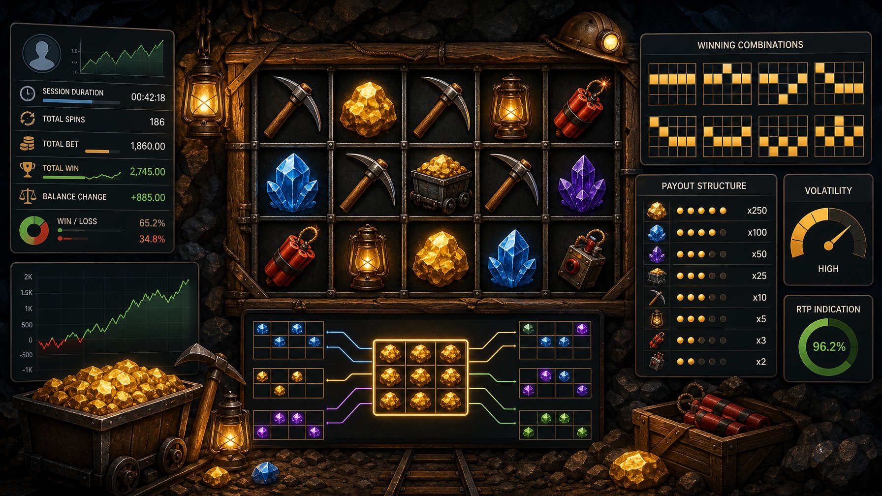 An Illustration Showing Slot Machine Reels With Mining Symbols, Payout Charts, And A Player Session Dashboard In The Background.