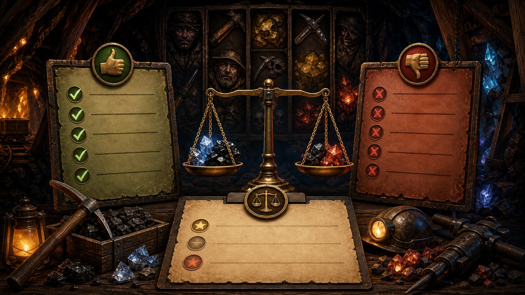 An Illustration Showing A Balanced Scale With Mining Tools And Gems, Set In An Underground Mine With Glowing Minerals And Slot Machine Symbols, Representing A Review Assessment.