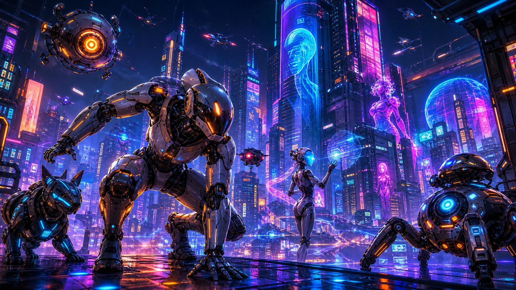 A Futuristic City At Night With Tall Skyscrapers Lit By Colorful Neon Lights, Featuring Robotic Characters And Glowing Digital Elements.