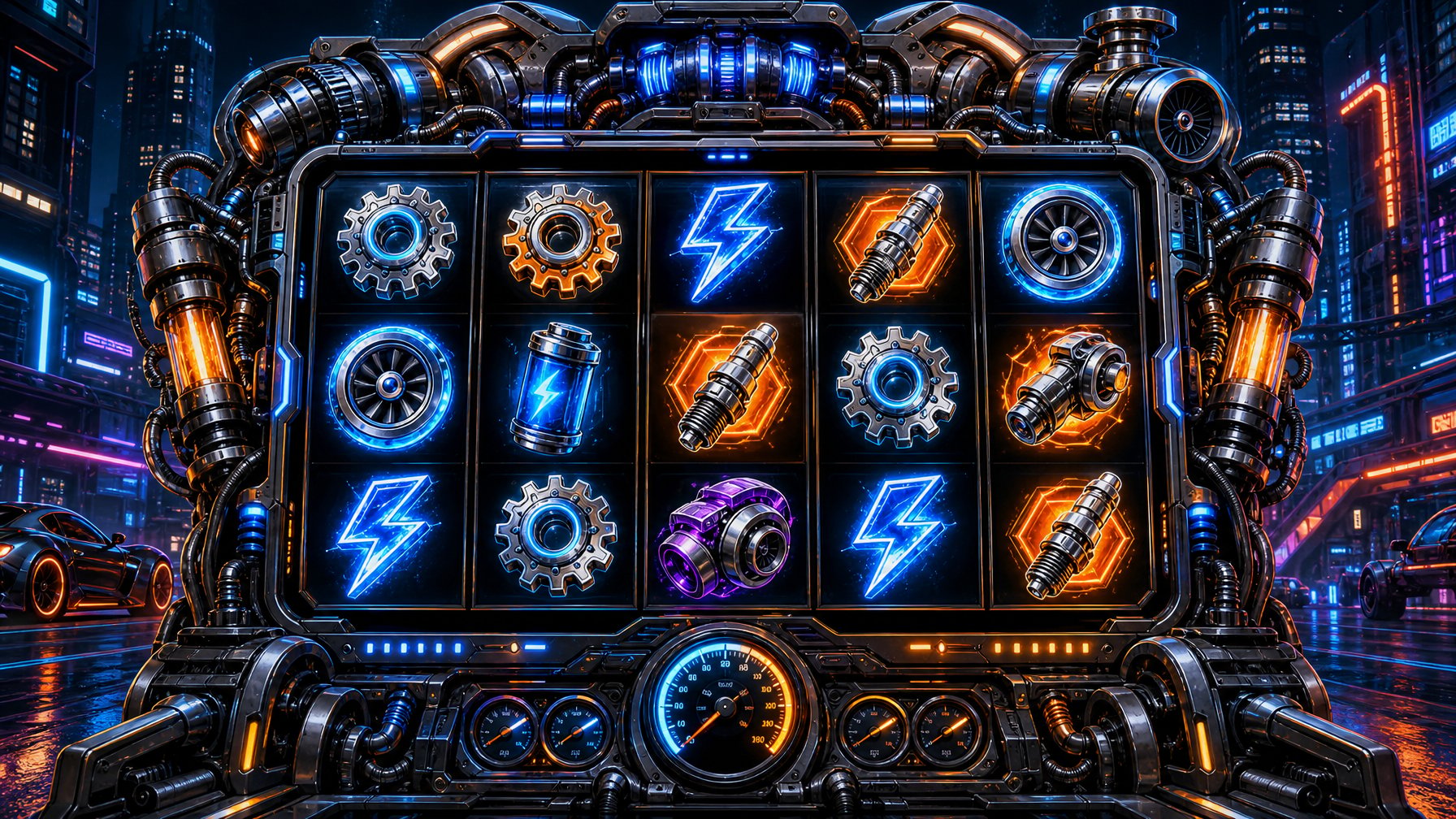 A Futuristic Slot Machine With Glowing Special Symbols Set Against A NeonLit Cyberpunk Cityscape With Mechanical Parts And Digital Gauges Surrounding It.
