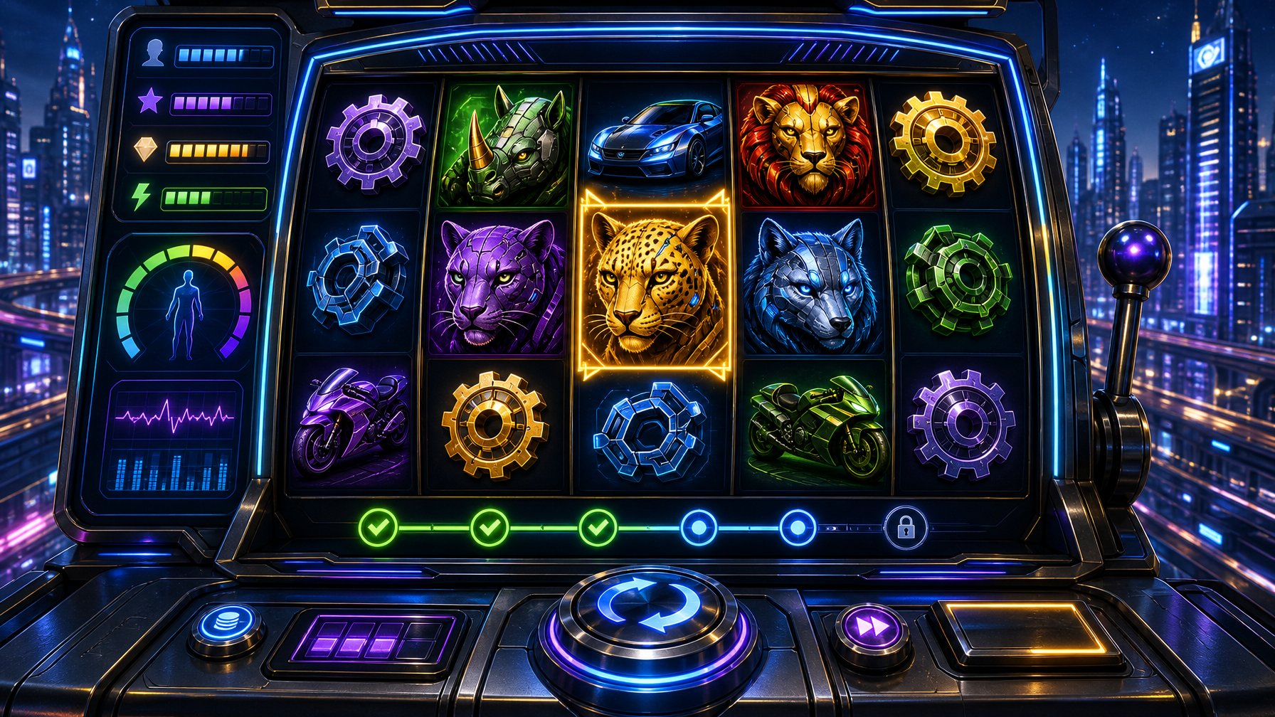 A Futuristic Slot Machine With Colorful Reels And Controls Set Against A NeonLit Cityscape.
