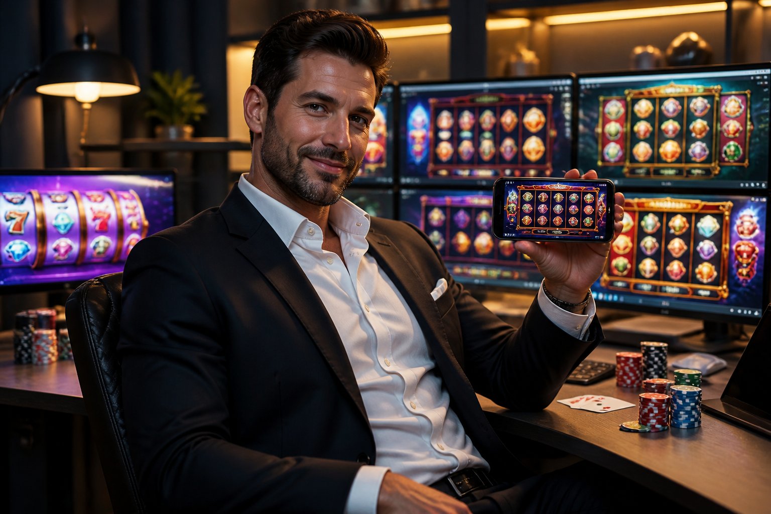 A confident man using a smartphone with slot machine games displayed on computer screens behind him in a modern office setting.
