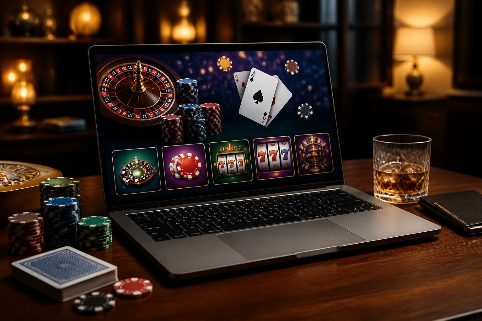 A modern workspace with a computer displaying an online casino game interface, surrounded by poker chips, playing cards, and a glass of whiskey.