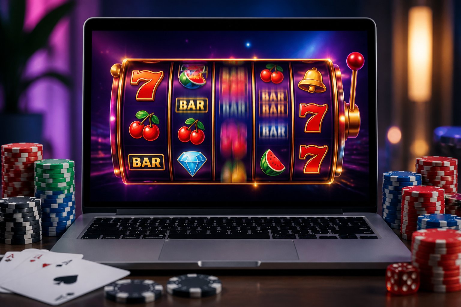 A laptop displaying a colorful slot game with spinning reels surrounded by poker chips and playing cards on a clean surface.