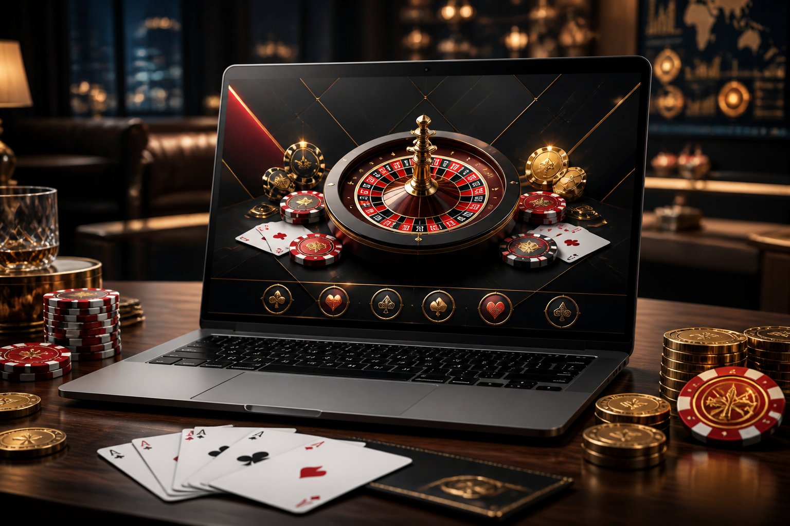 A laptop on a wooden desk showing an online casino interface with poker chips, gold coins, and playing cards around it in a luxurious room.