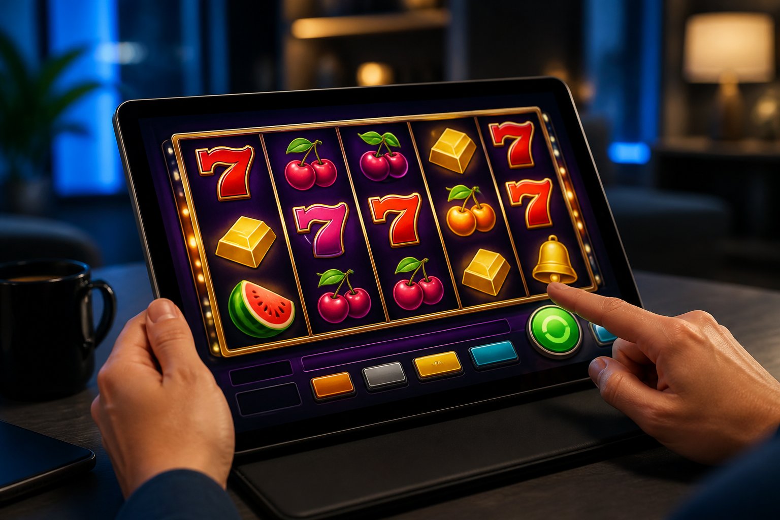 A person interacting with a digital slot machine game on a touchscreen device in a modern indoor setting.