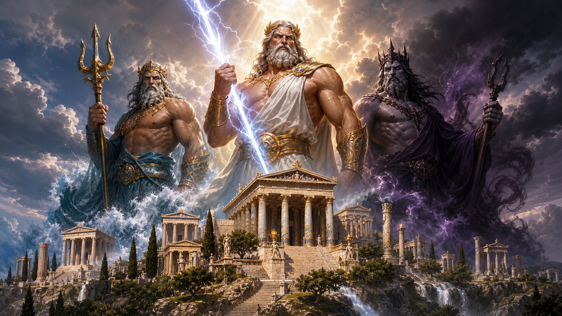 Greek Gods Zeus, Poseidon, And Hades Standing On Mount Olympus Above An Ancient Temple With A Dramatic Sky In The Background.