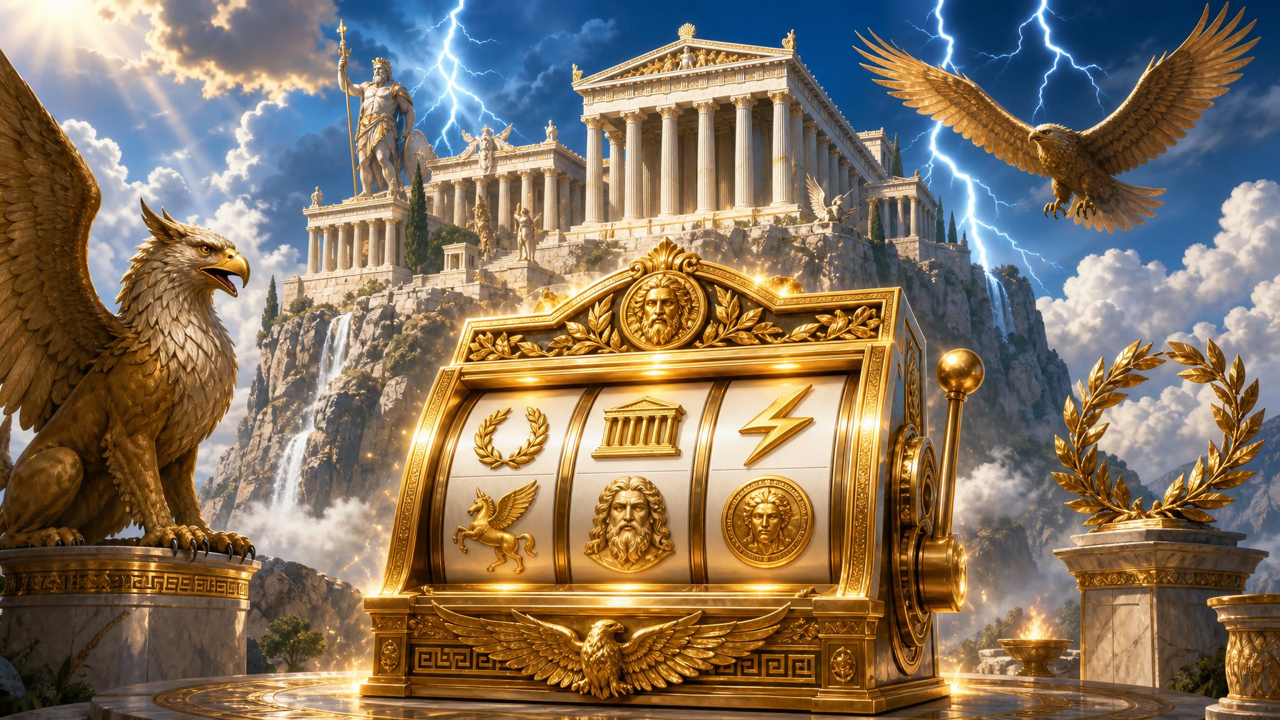 An Ancient Greek Temple On A Mountain With Mythological Symbols And A Golden Slot Machine In The Foreground Under A Clear Sky.