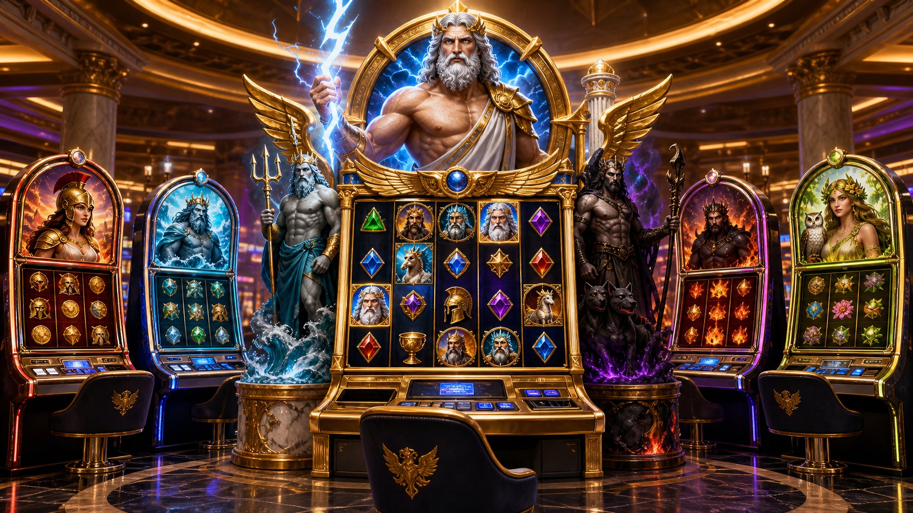 A Casino Scene Showing A Large Slot Machine With Greek Mythology Symbols And Smaller Slot Machines Around It, Set In A Luxurious Casino Interior.