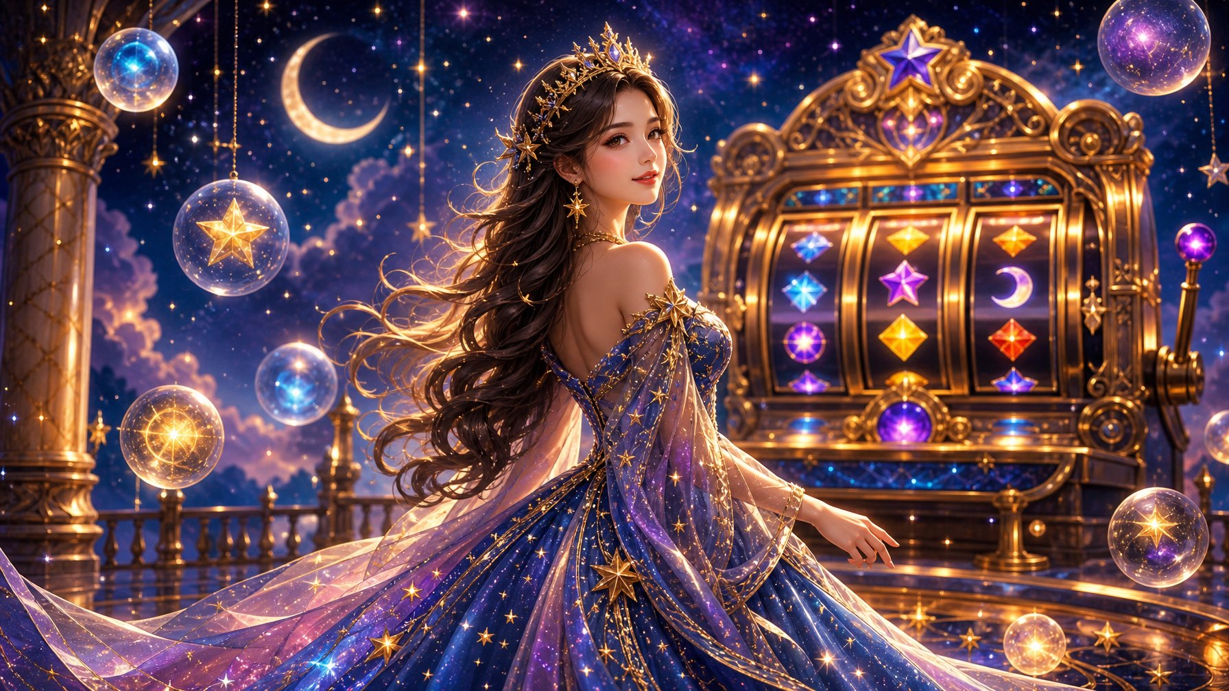 A Princess Standing Under A Starry Sky Surrounded By Glowing Stars And A Decorative Slot Machine In The Background.