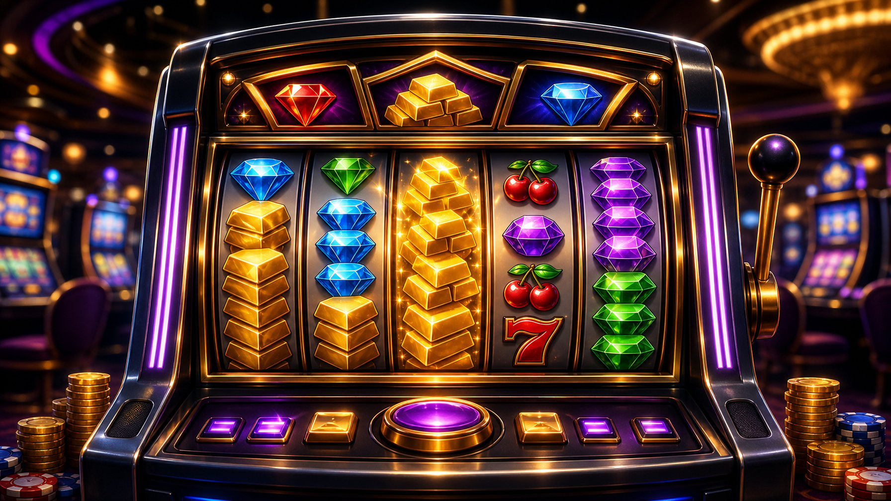 A Colorful Slot Machine With Stacked Symbols Like Gold Bars And Gems In A Modern Casino Setting.