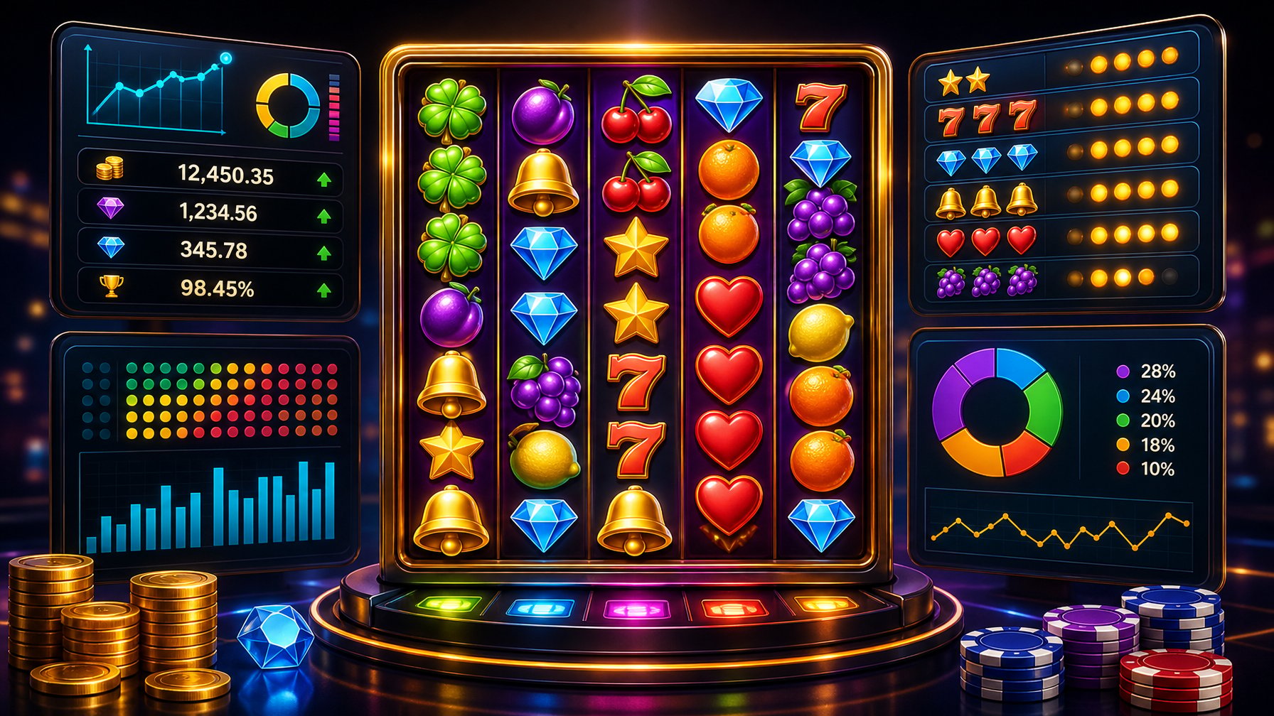 A Colorful Slot Machine With Stacked Symbols And Glowing Numerical Icons Representing Game Statistics In A Sleek Casino Setting.