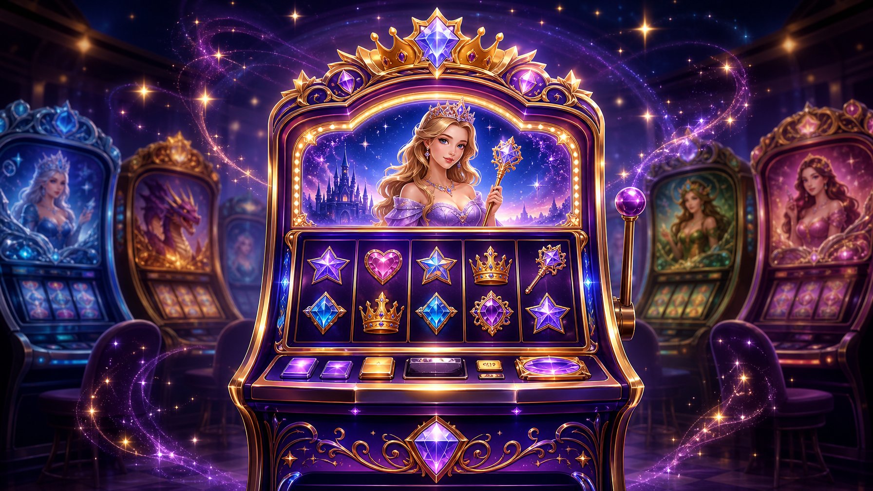 A Colorful Slot Machine Decorated With Stars And Royal Symbols Surrounded By Magical Sparkles And Faint Silhouettes Of Other Slot Machines In The Background.