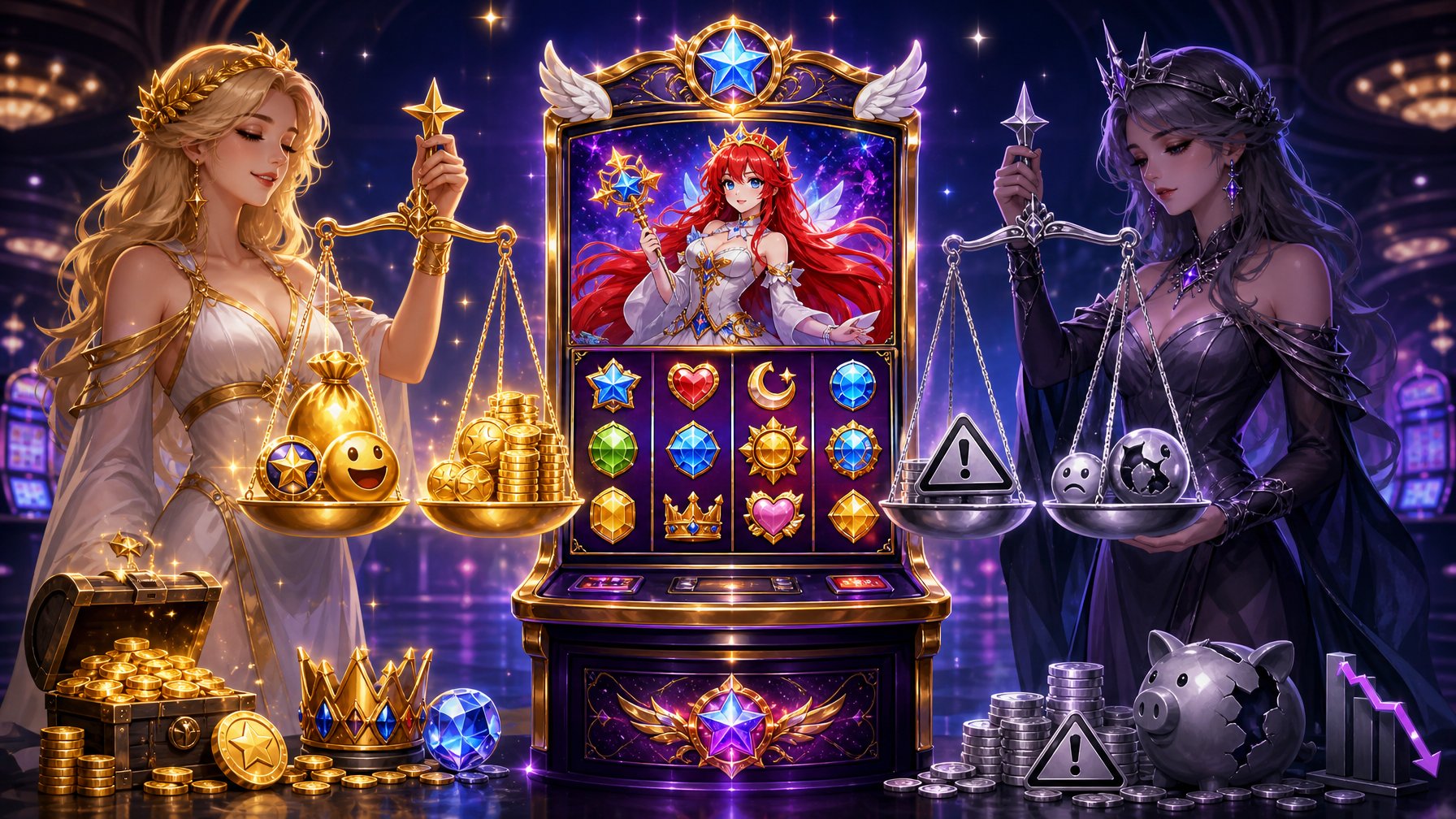 An Illustration Showing A Slot Machine With Star And PrincessThemed Symbols, Balanced Scales Representing Pros And Cons, Set In A Casino Environment.