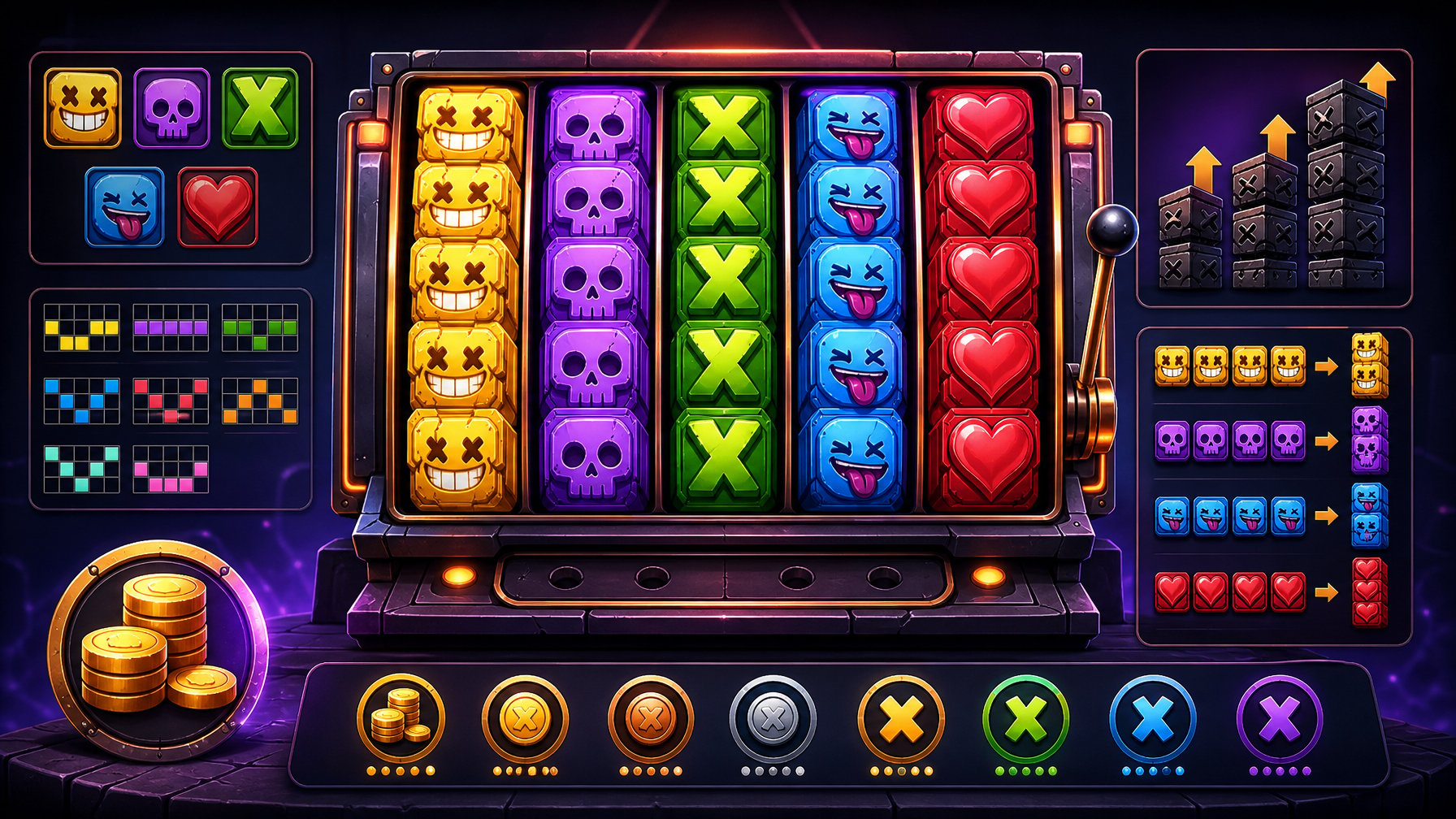 A Colorful Slot Machine With Stacked Symbols On The Reels Surrounded By Icons Representing Game Features And Paytable Details.