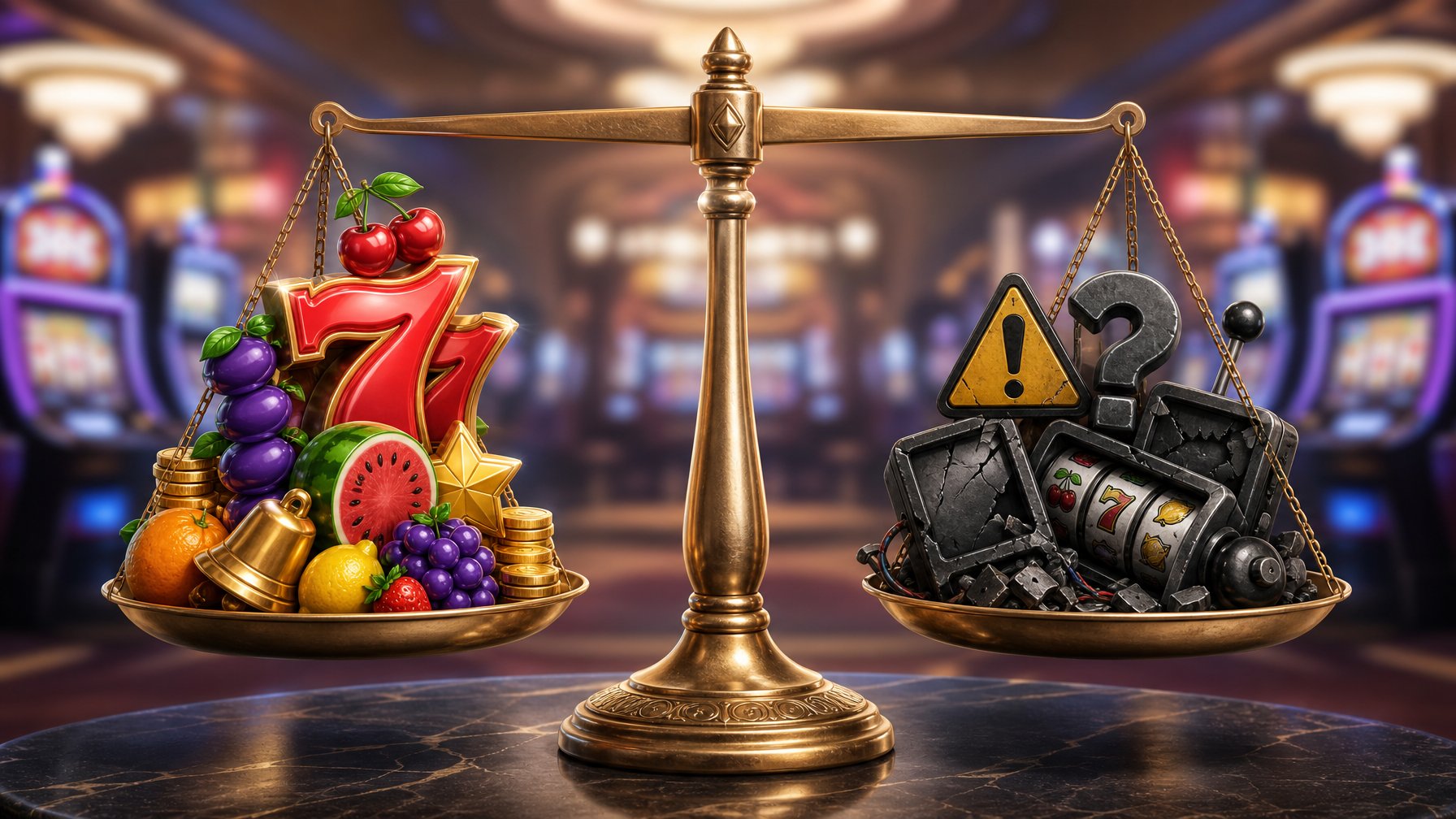 A Balanced Scale With Colorful Slot Machine Symbols On One Side And Warning Symbols On The Other, Set Against A Blurred Casino Background.
