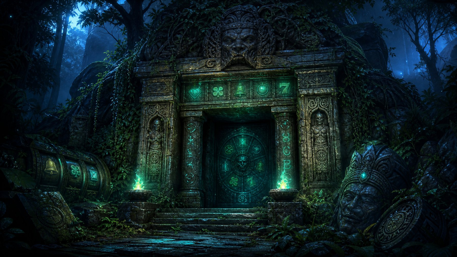A Dark Ancient Crypt Entrance In A Dense Forest With Glowing Mystical Symbols And Overgrown Plants Around It.