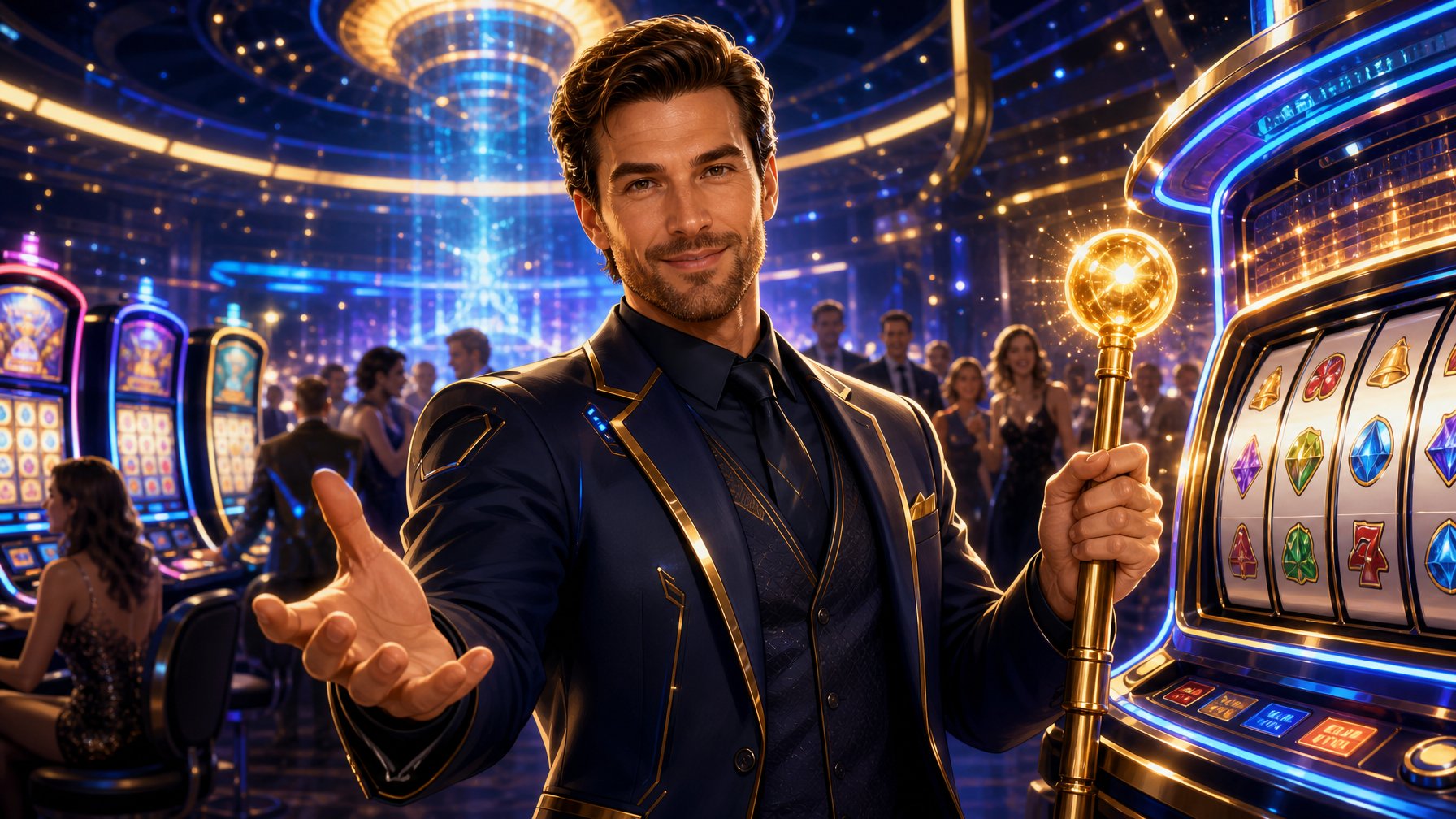 A Confident Man In A Stylish Suit Stands In A Vibrant Casino Surrounded By Colorful Slot Machines And Glowing Lights.