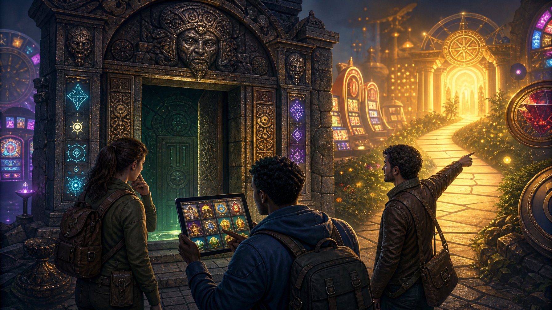 A Group Of People Exploring The Entrance Of An Ancient Crypt With Glowing Symbols, While One Points Towards A Bright Path Representing Alternative Choices.