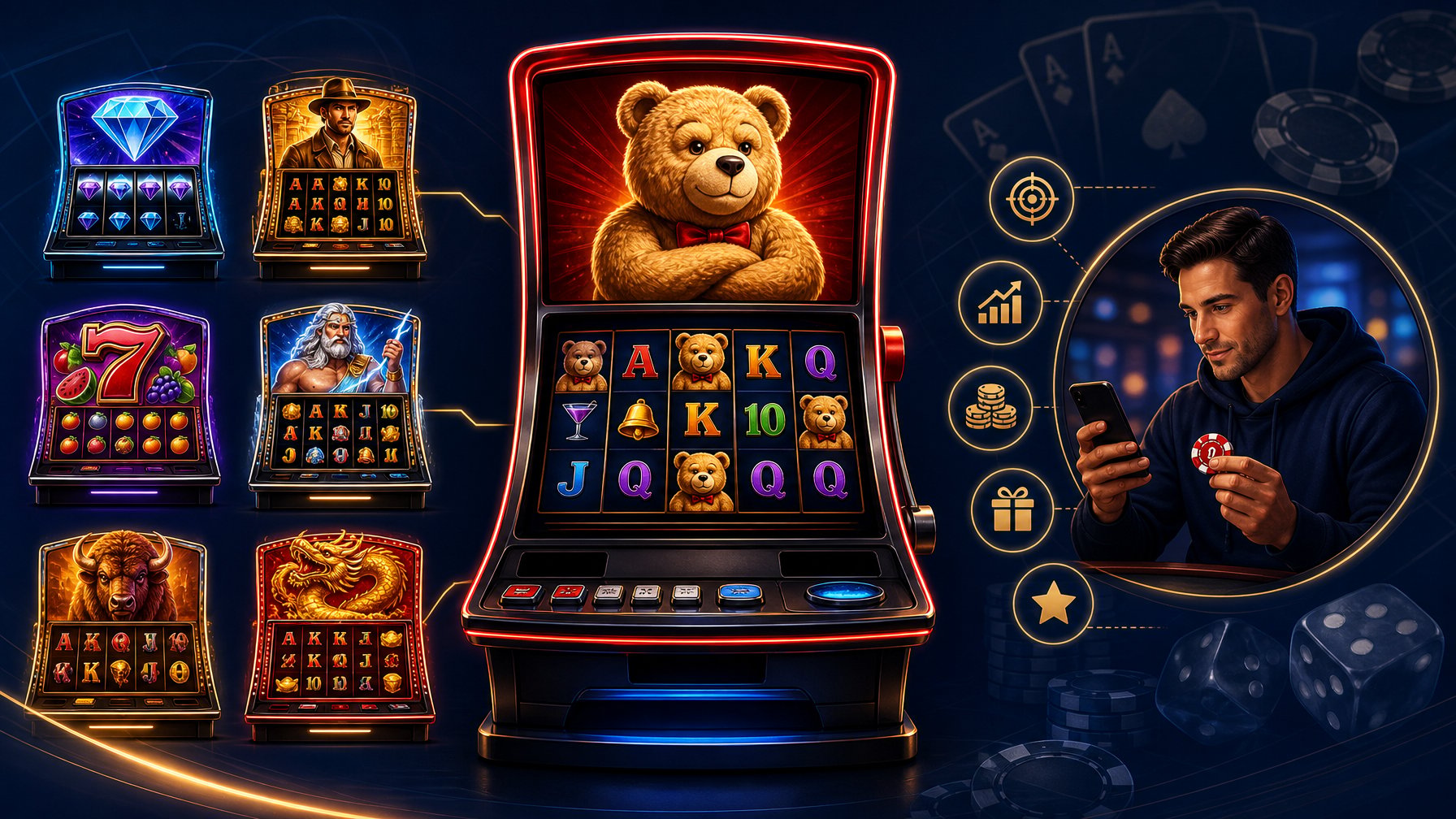 An Illustration Showing A Central Slot Machine Surrounded By Smaller Slot Game Icons And A Player Profile Silhouette Holding A Casino Chip.