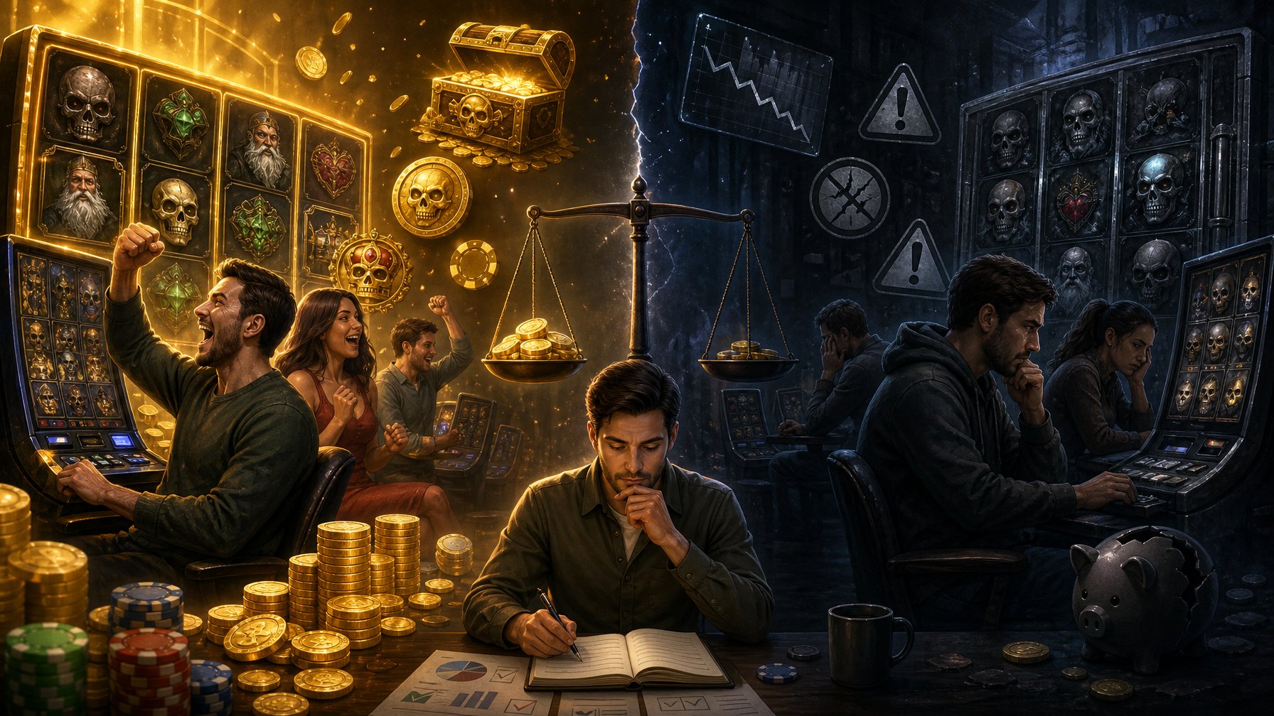 A Split Scene Showing Positive And Negative Aspects Of A Slot Game, With Happy Players And Coins On One Side, Cautious Players And Warning Signs On The Other, And A Central Figure Symbolizing A Balanced Conclusion.