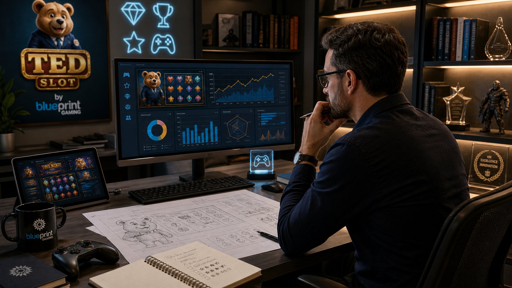 A Person Sitting At A Desk In An Office, Analyzing Data On A Computer With GamingRelated Items Around.