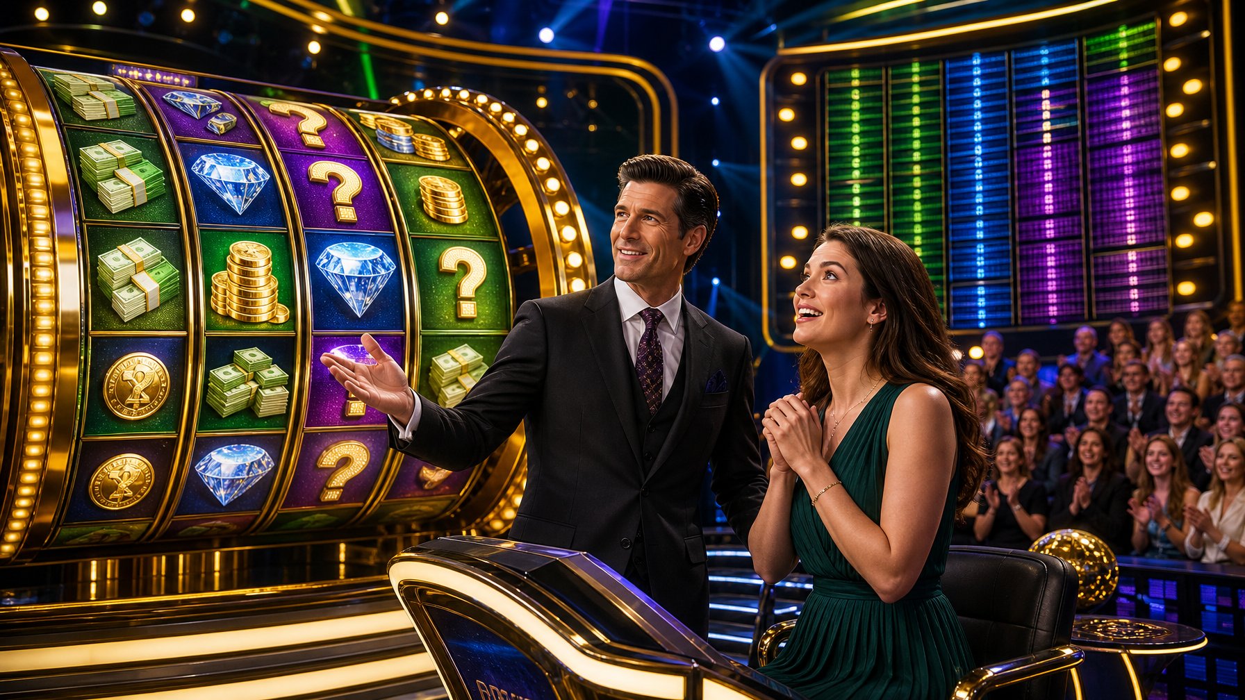 A Game Show Host And Excited Contestant Stand Next To A Large Spinning Reel With Colorful Slot Symbols On A Bright, Lively Game Show Set.