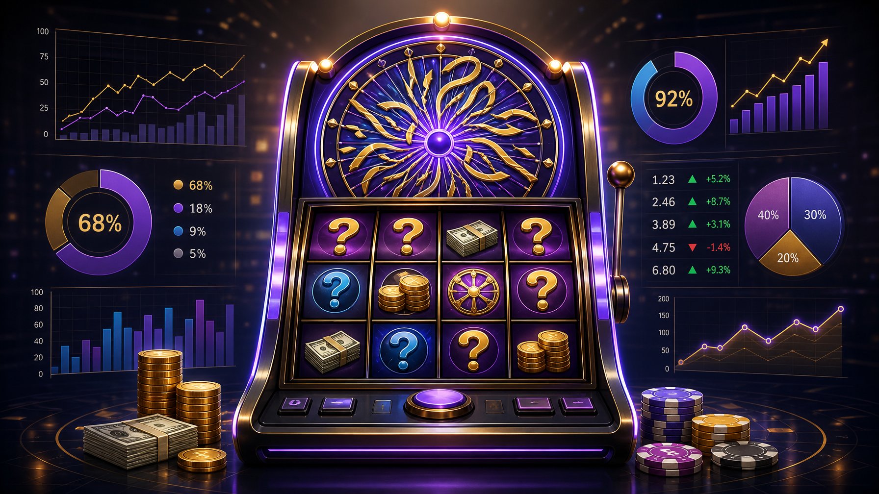 A Slot Machine With Colorful Reels Showing Question Marks And Coins, Surrounded By Charts And Numbers Representing Key Statistics.