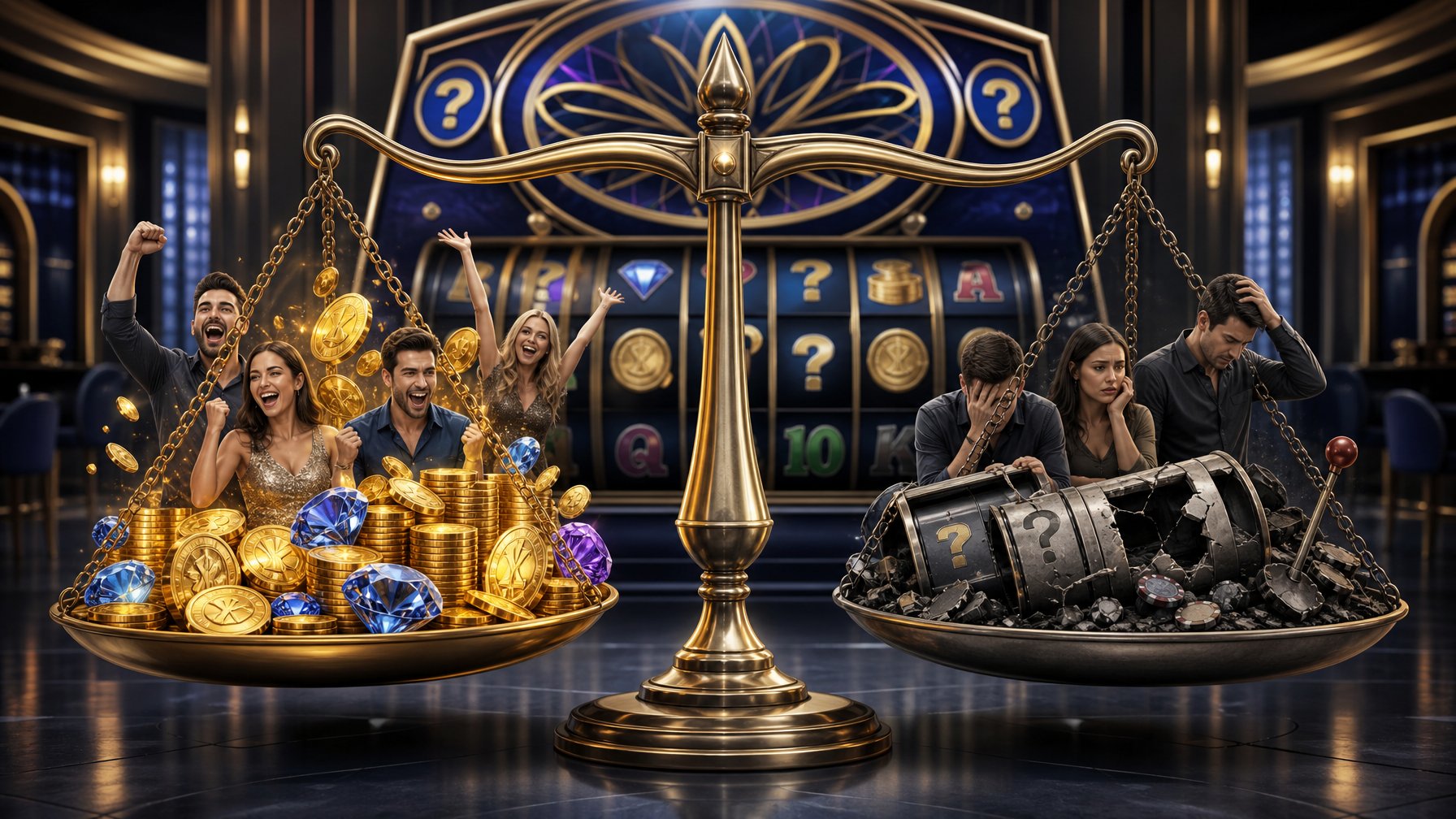 A Balanced Scale Showing Pros With Gold Coins And Happy People On One Side, And Cons With Broken Slot Machine Parts And Disappointed People On The Other, With A Slot Machine In The Background.