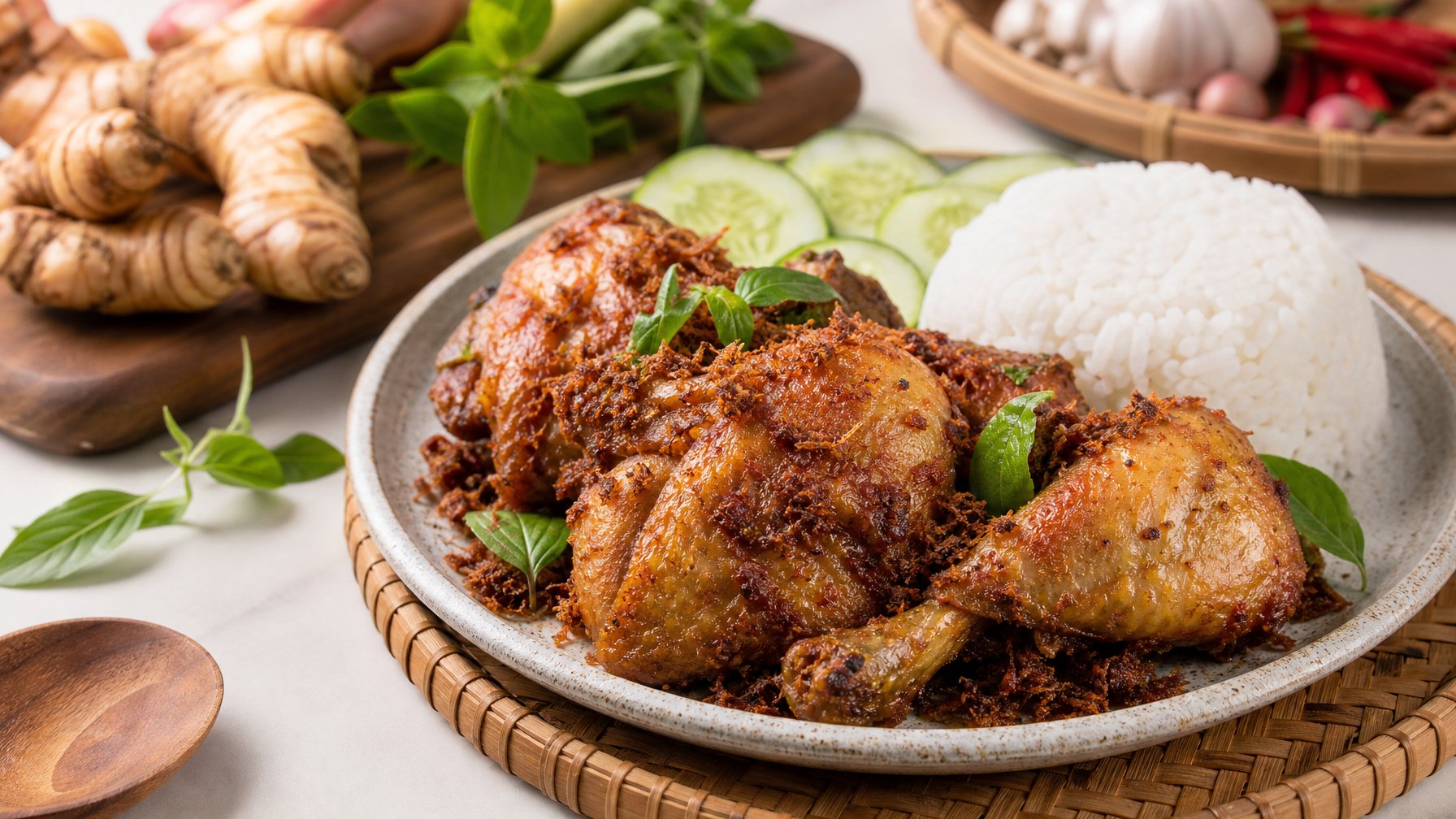 Sepiring ayam goreng lengkuas yang renyah dan empuk dengan nasi putih dan irisan mentimun di atas meja dapur.