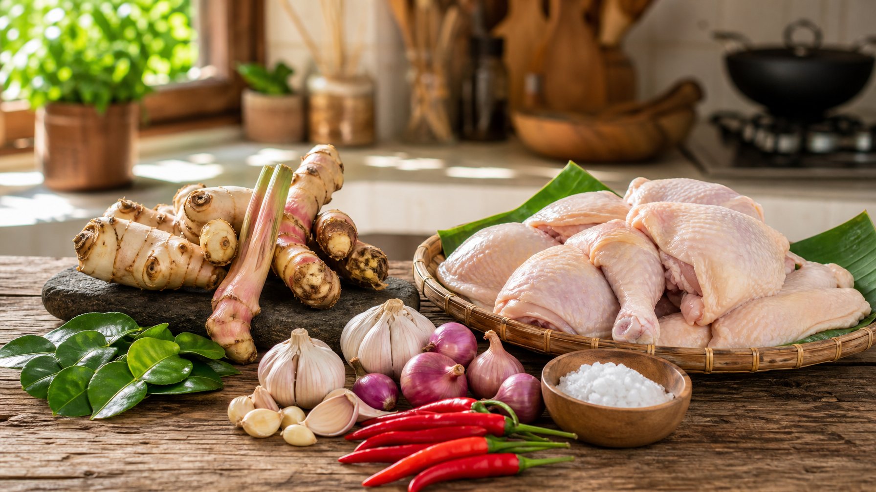 Beberapa bahan segar seperti potongan ayam, lengkuas, bawang putih, bawang merah, cabai merah, dan daun jeruk disusun rapi di atas meja dapur kayu.