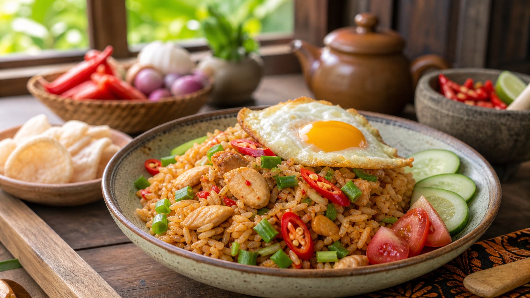 Sepiring nasi goreng kampung pedas dengan telur mata sapi dan irisan sayuran di atas meja kayu, siap untuk sarapan.