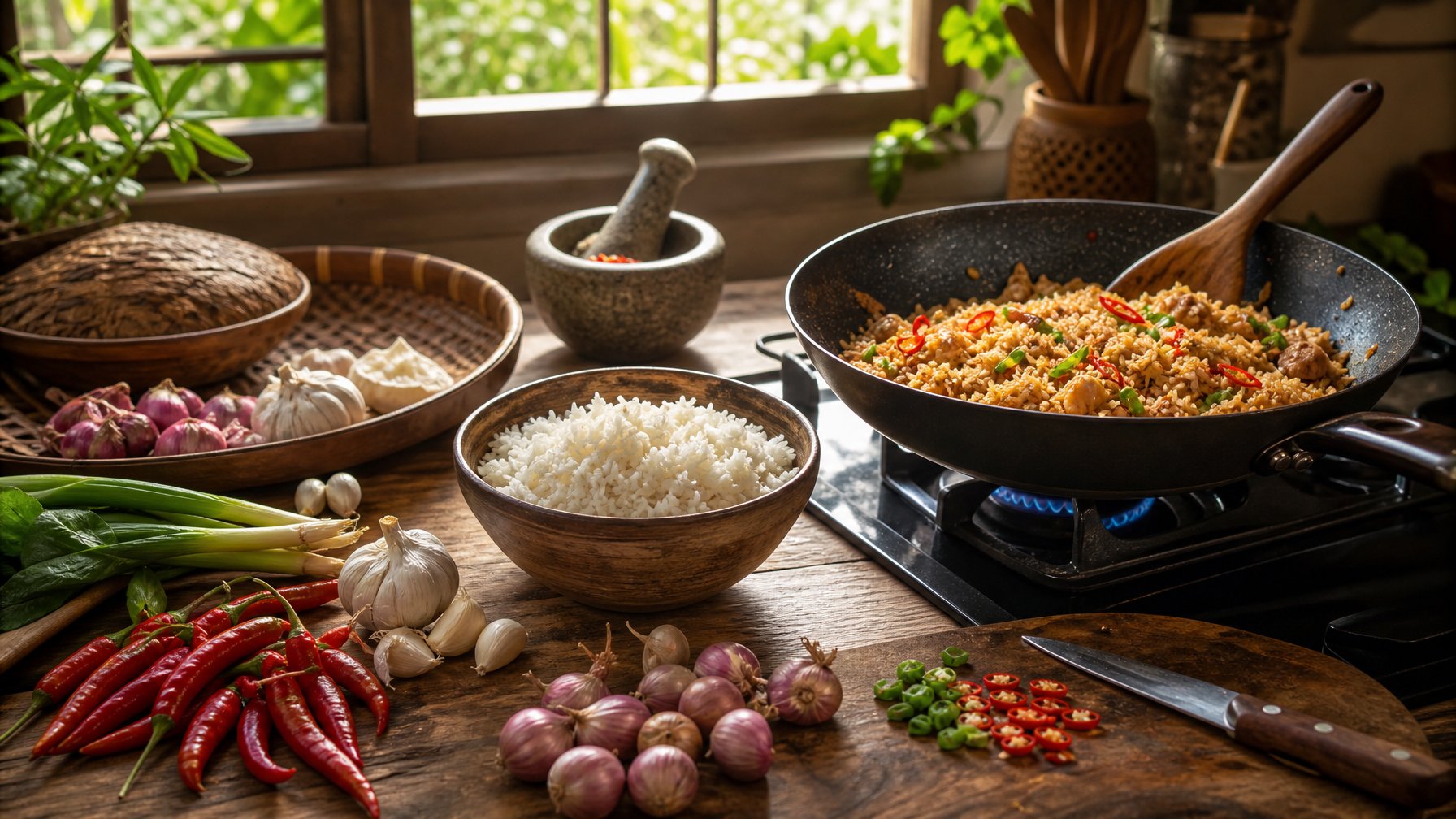 Dapur dengan bahan segar dan wajan berisi nasi goreng pedas sedang dimasak untuk sarapan.